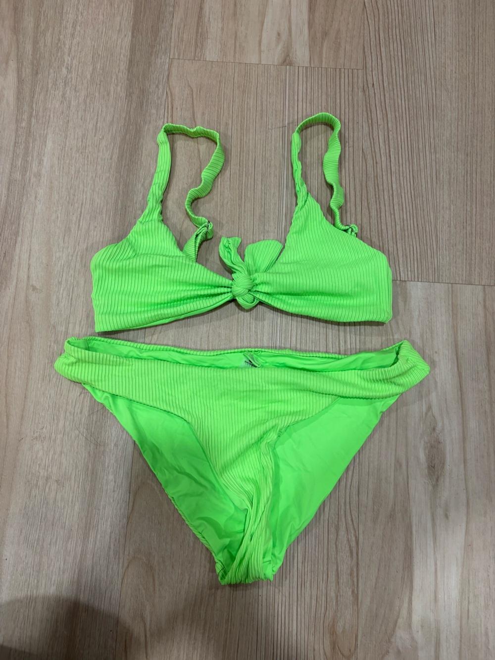 TiniBikini Neon Lime Ribbed Knot-Front Bikini Set